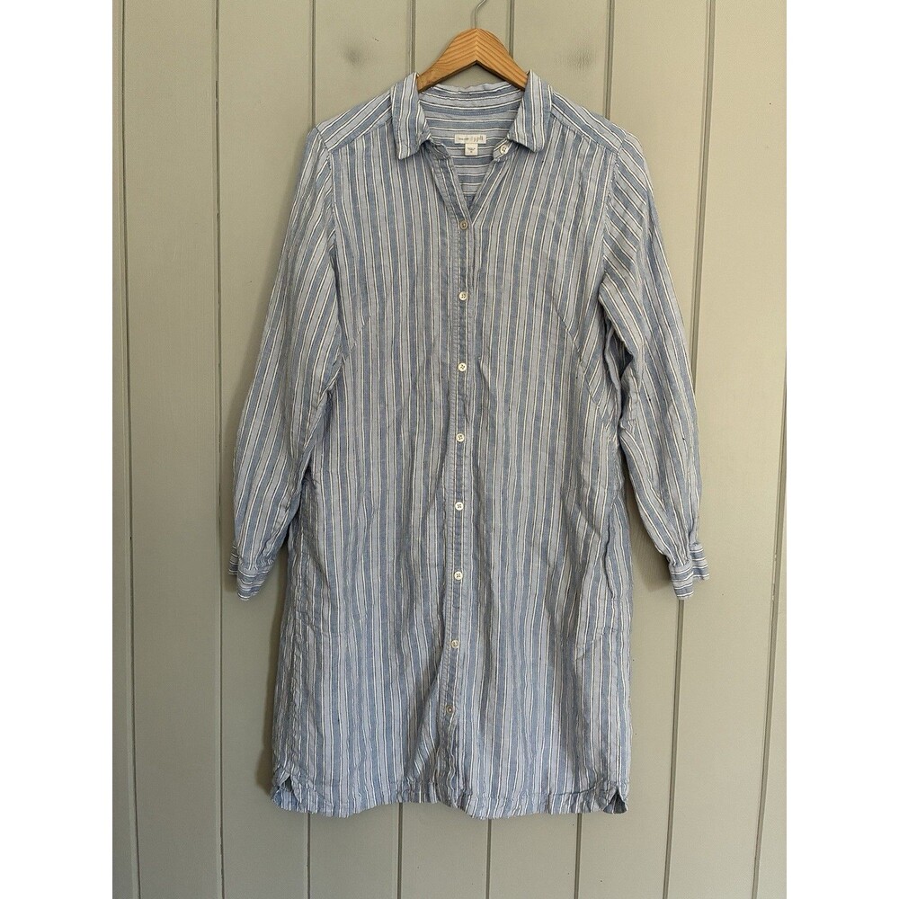 J. Jill 100% Linen Shirt Dress Blue Striped Long Sleeve Collar Pockets